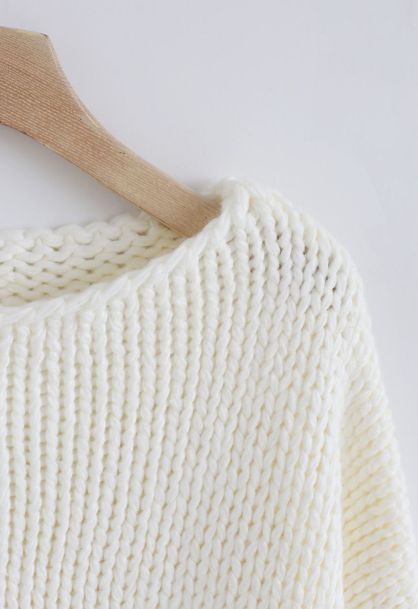ドロップドショルダー手編みセーター　ホワイト