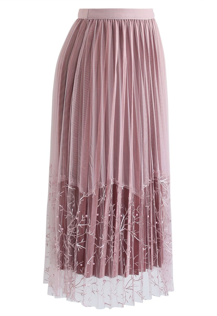 刺繍メッシュベルベットプリーツスカート　ピンク