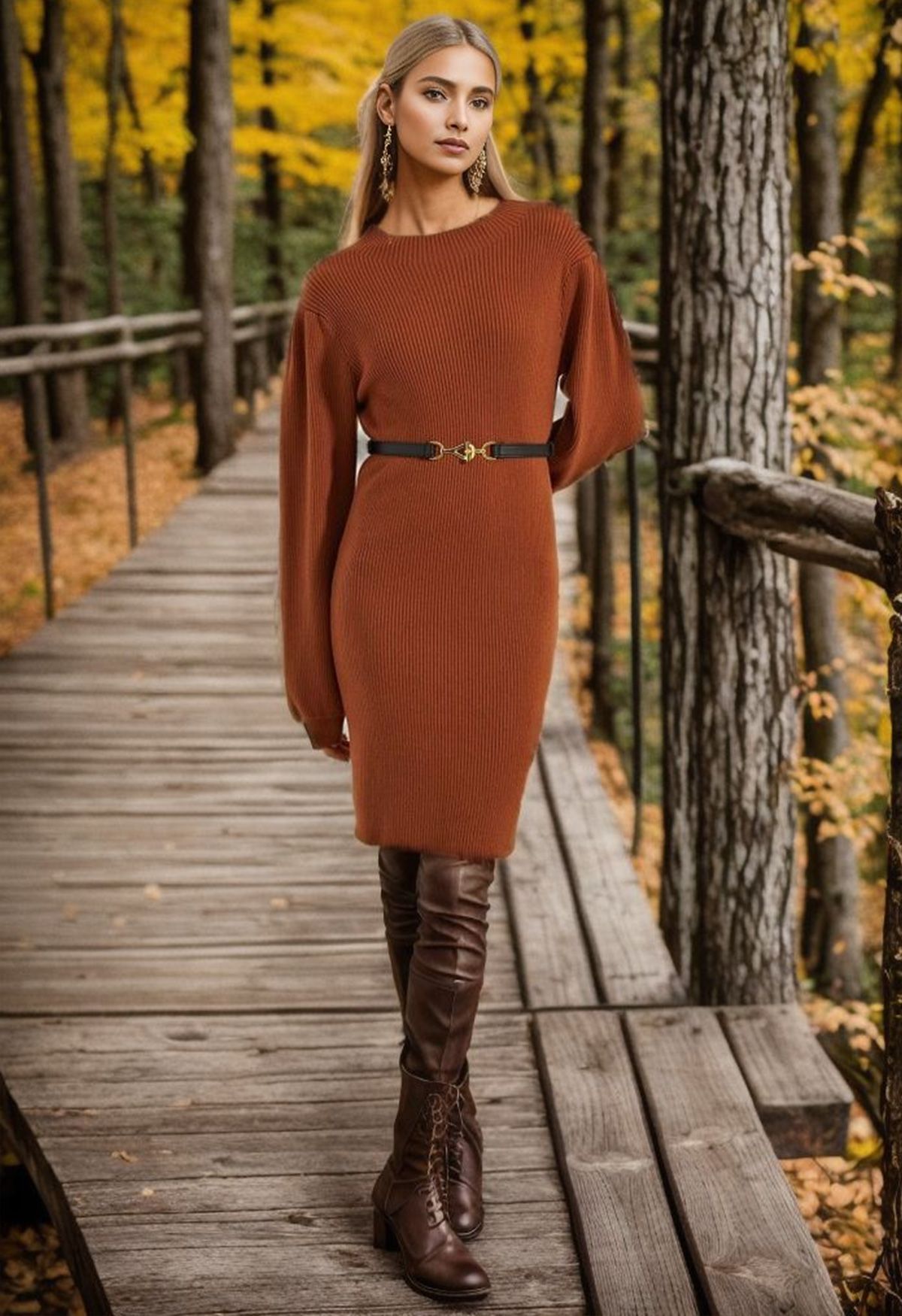 Lantern Sleeve Round Neck Ribbed Sweater Dress in Caramel