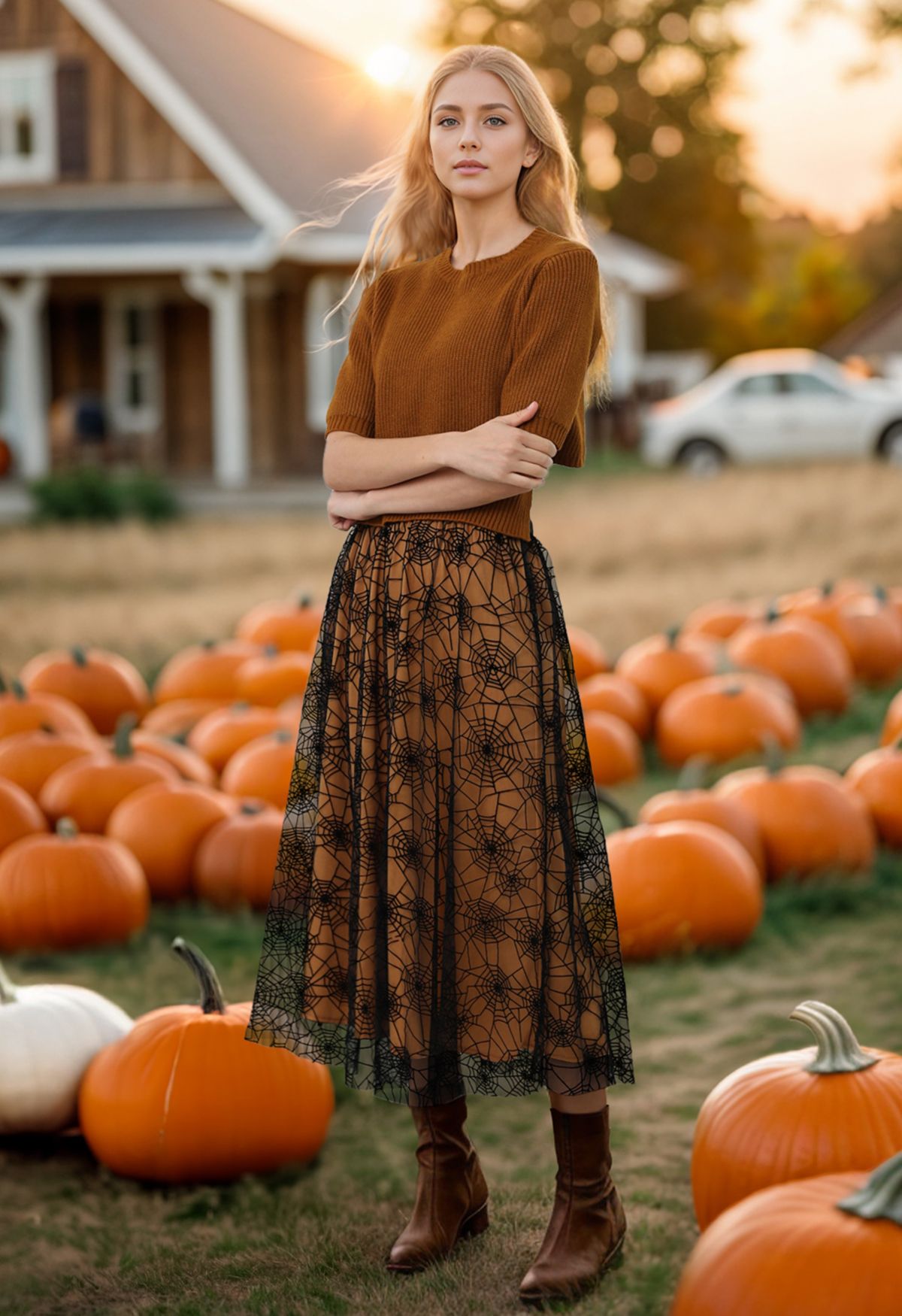 Cobweb Mystique Mesh Tulle Midi Skirt in Pumpkin