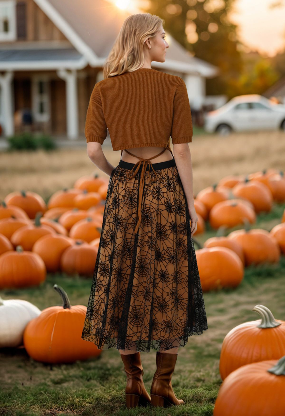 Cobweb Mystique Mesh Tulle Midi Skirt in Pumpkin