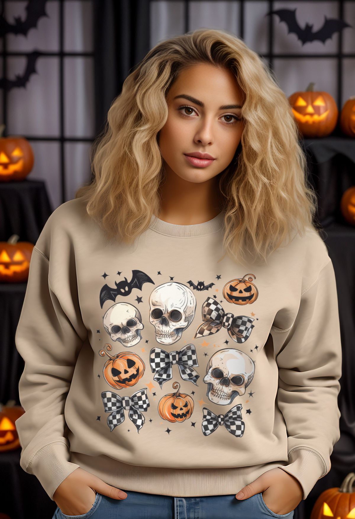 Skulls and Checkered Bows Pattern Sweatshirt