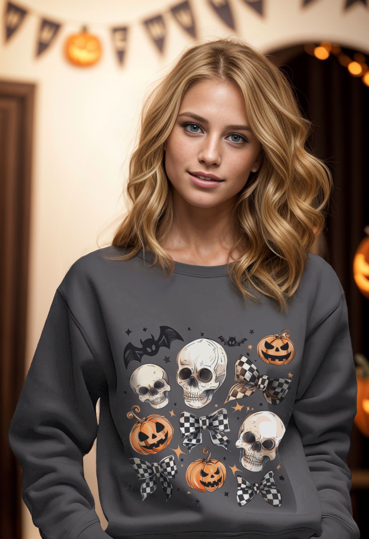 Skulls and Checkered Bows Pattern Sweatshirt