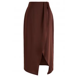 Front Slit Satin Midi Skirt In Burgundy - Retro, Indie And Unique Fashion