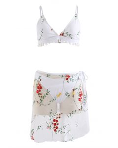 Pom-Pom Trim Embroidered Bikini Set with Sarong