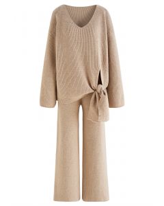Side Knot Sweater and Straight Leg Pants Knit Set in Light Tan