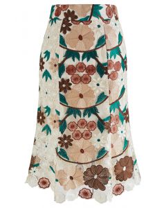 Embroidered Floral Mesh Pencil Skirt in Cream