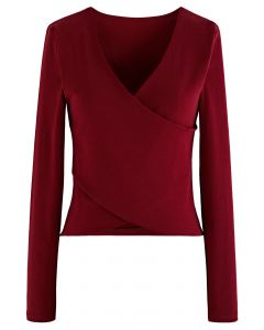 Crisscross Faux-Wrap Soft Cotton Top in Red