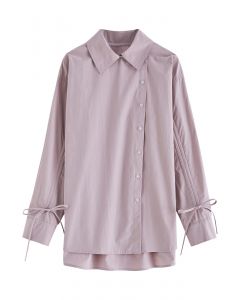 Drawstring Sleeves Button Down Cotton Shirt in Dusty pink