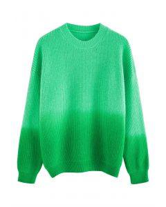 Ombre Round Neck Rib Knit Sweater in Green