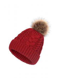 Pom-Pom Trim Braided Knit Beanie Hat in Burgundy