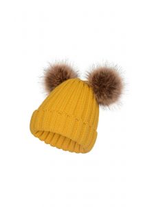 Fuzzy Pom-Pom Knit Beanie Hat in Mustard