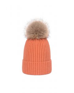 Pom-Pom Ribbed Knit Beanie Hat in Coral