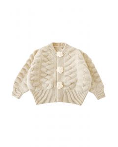 Kids Flowers Button Down Embossed Bubble Sleeves Cardigan in Cream