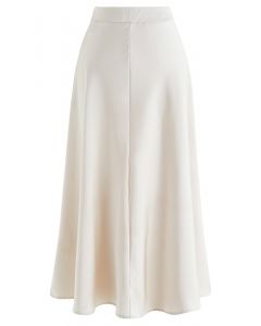 Middle Seam Smooth Satin Drape Maxi Skirt in Ivory