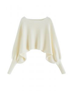 Exaggerated Bubble Sleeve Boat Neck Knit Top in Cream