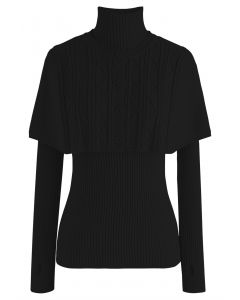 Mock Neck Ribbed Knit Twinset Top in Black