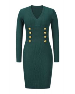 Decorous Gold Button Fitted Knit Dress in Emerald