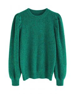 Mix-Knit Puff Sleeve Ribbed Sweater in Green
