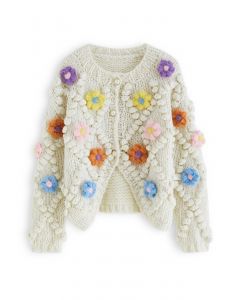 Button Up Floral Pom-Pom Knit Cardigan