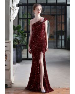 Evening Elegance Sequin One Shoulder Slit Gown in Burgundy