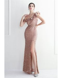 Tiered Ruffle One Shoulder Sequin Slit Gown in Pink