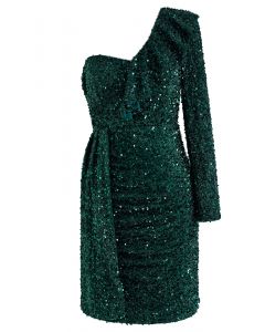 Ruffle One-Shoulder Colorful Sequin Cocktail Dress in Emerald