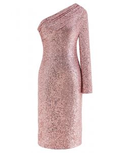 Slanted Shoulder Full Sequins Cocktail Dress in Pink