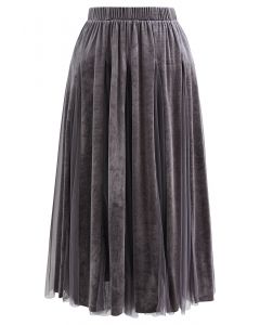 Mesh Velvet Panelled Midi Skirt in Grey
