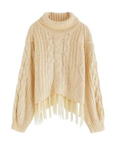 Turtleneck Tassel Trim Cable Knit Sweater in Light Yellow