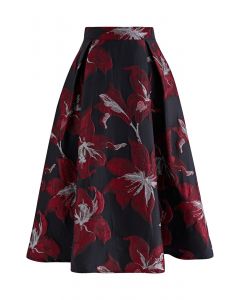 Lily Blossom Metallic Jacquard Midi Skirt in Red