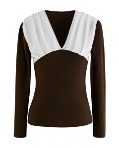 V-Neck Pleated Knit Top in Brown
