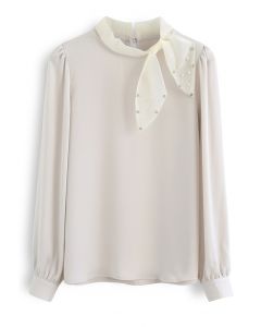 Pearly Mesh Bowknot Satin Shirt in Cream
