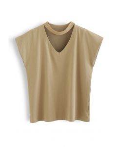 V-Neck Choker Sleeveless Cotton T-Shirt in Caramel