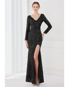 V-Neck Split Side Sequined Gown in Black