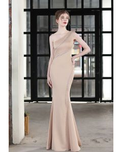 One-Shoulder Colorful Sequin Bodycon Gown in Light Tan