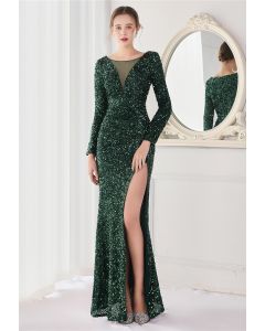 Side Slit Mesh V-Neck Sequined Gown in Emerald