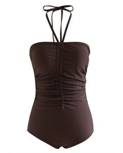Halter Neck Ruched Front Swimsuit in Brown