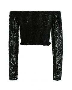 Off-Shoulder Floral Lace Shirred Crop Top in Black