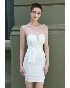 Bustier Tie-Waist Strapless Cocktail Dress in White