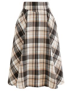 Plaid Tweed High-Waist A-Line Midi Skirt
