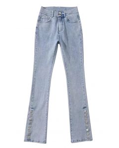 High Waist Button Trim Stretchy Jeans in Light Blue