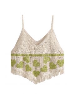 Embroidered Heart Crochet Tank Top in Pea Green