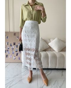 Hollow Out Crochet Split Pencil Skirt in White