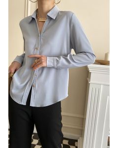 Golden Button Pointed Collar Shirt in Dusty Blue