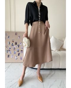 High Waist A-Line Midi Skirt in Khaki