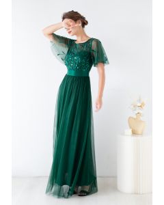 Sequined Vine Flutter Sleeve Mesh Gown in Green