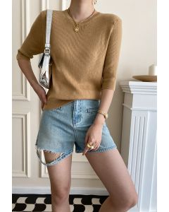 Round Neck Elbow Sleeve Knit Top in Ginger