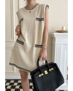 Contrast Striped Edge Sleeveless Knit Dress in Cream