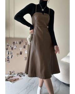 PU Leather Seam Detailing Cami Dress in Brown